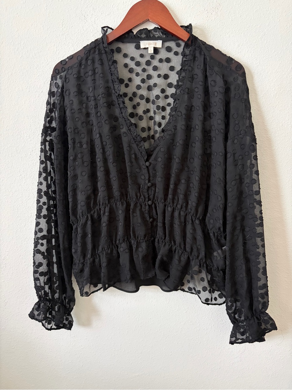 Parker Black Sheer Polka Dot Blouse Ruffle V-Neck Button Front Size L